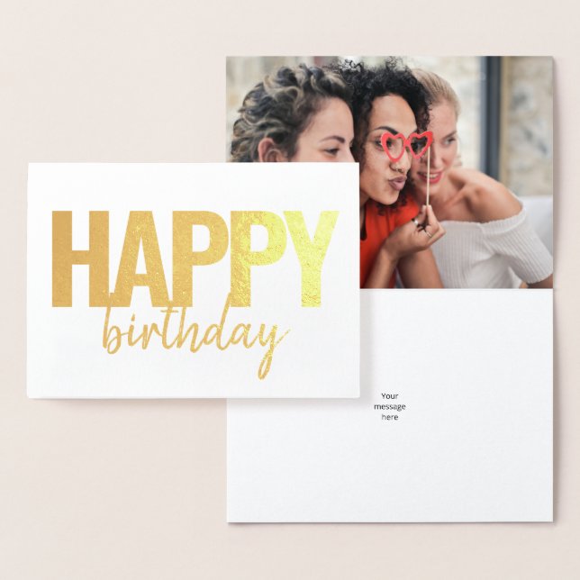 Happy Birthday Modern Brush Script Photo Foil Card (Display)