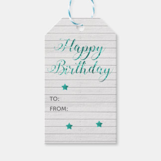 Happy Birthday Modern Calligraphy Teal Bokeh Gift Tags