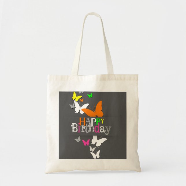 Happy Birthday Modern Colorful Neon Butterflies Tote Bag (Front)