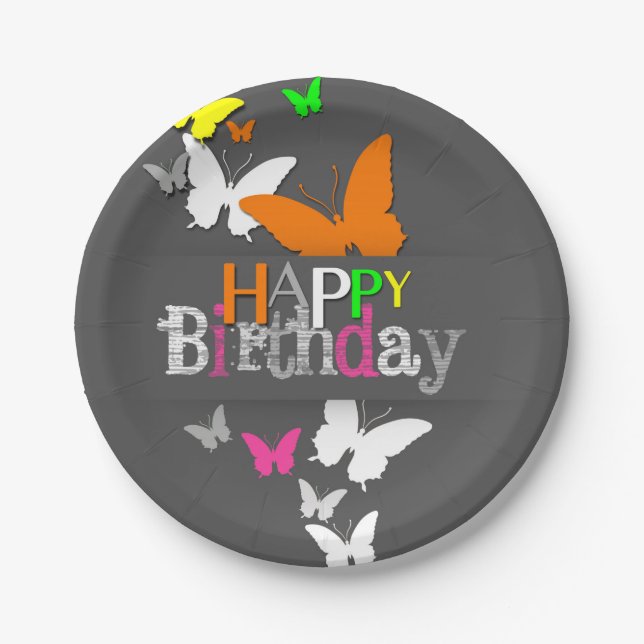 Happy Birthday Modern Colourful Neon Butterflies Paper Plate (Front)