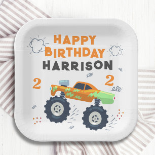 Happy Birthday Modern Monster Car Trucks Name  Paper Plate