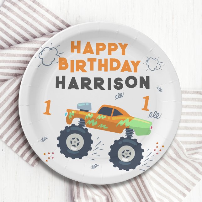 Happy Birthday Modern Monster Car Trucks Name Paper Plate (Creator Uploaded)