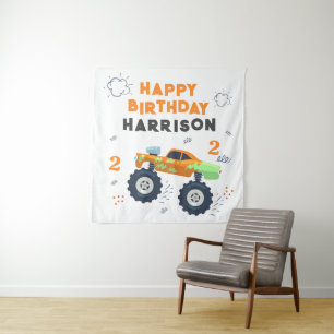 Happy Birthday Modern Monster Car Trucks Name Tapestry