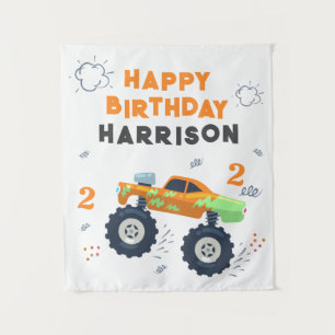 Happy Birthday Modern Monster Car Trucks Name Tapestry