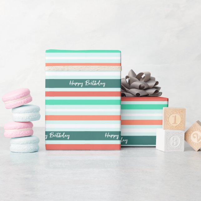Happy Birthday Modern Peach Aqua Stripe Patterned Wrapping Paper (Baby Shower)