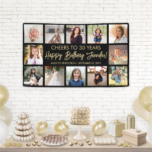 Happy Birthday Modern Photo Collage Black and Gold Banner