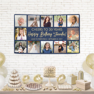 Happy Birthday Modern Photo Collage Navy Blue Gold Banner