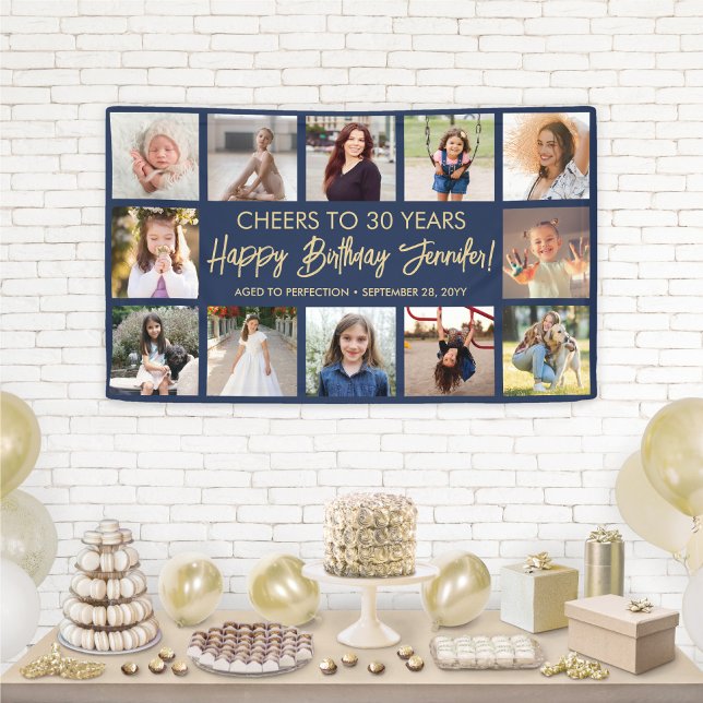 Happy Birthday Modern Photo Collage Navy Blue Gold Banner (Creator Uploaded)