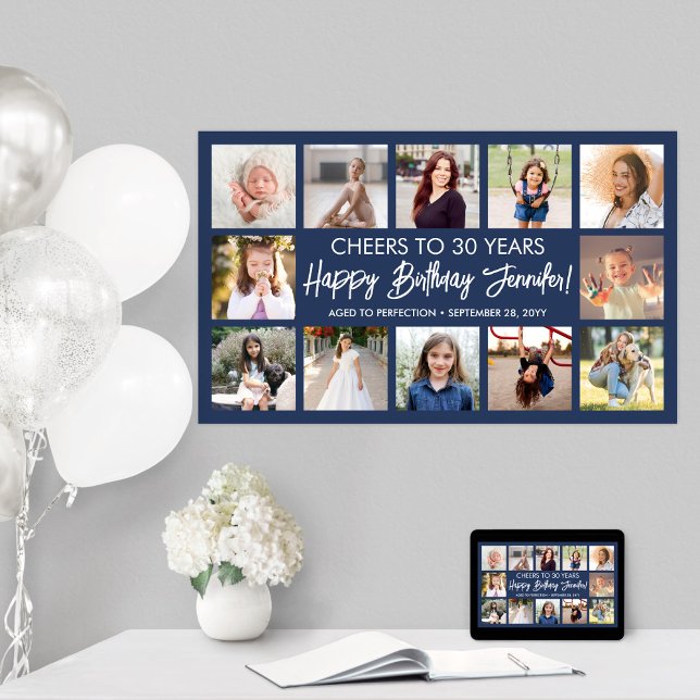Happy Birthday Modern Photo Collage Navy Blue Poster (Creator Uploaded)