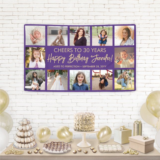 Happy Birthday Modern Photo Collage Purple & Gold Banner (Creator Uploaded)