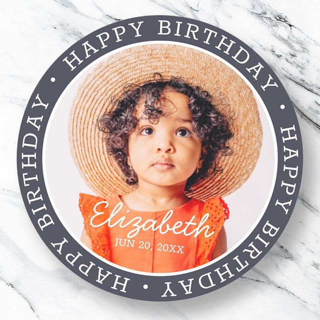 Happy Birthday Modern Preppy Custom Photo Classic Round Sticker (Creator Uploaded)
