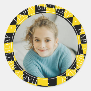 Happy Birthday Modern Retro Colorful Photo Yellow Classic Round Sticker