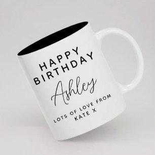 Happy Birthday Modern Script Birthday Party Name Two-Tone Coffee Mug