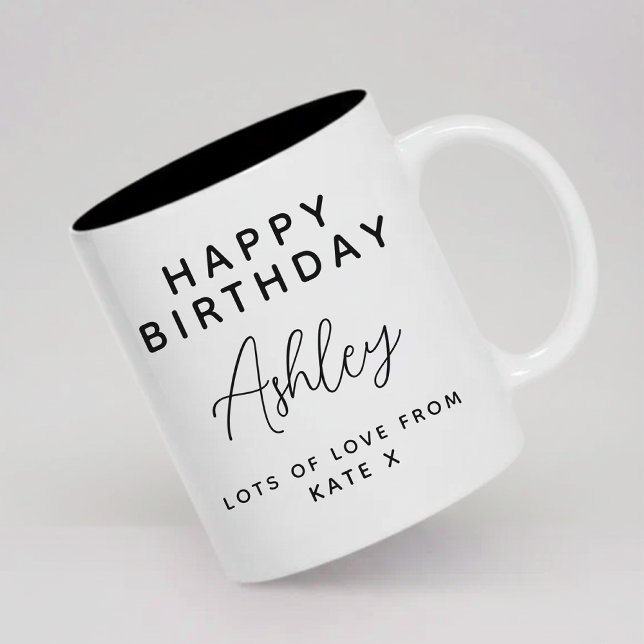 Happy Birthday | Modern Script Birthday Party Name Two-Tone Coffee Mug (Modern Script Personalized Name Happy Birthday Mug Gift for Her, Him, Mom, Dad, Wife and Friends)