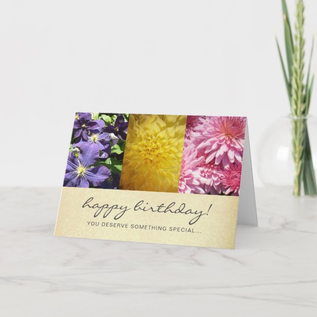 Happy Birthday Modern Script Floral Photo Collage Card (Front)