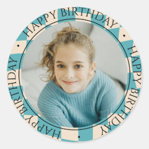 Happy Birthday Modern Simple Colorful Photo Blue Classic Round Sticker