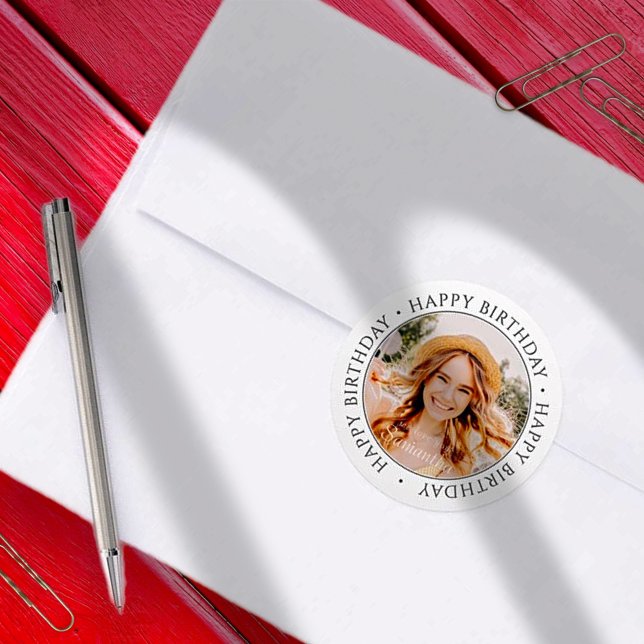 Happy Birthday Modern Simple Custom Photo Classic Round Sticker (Creator Uploaded)