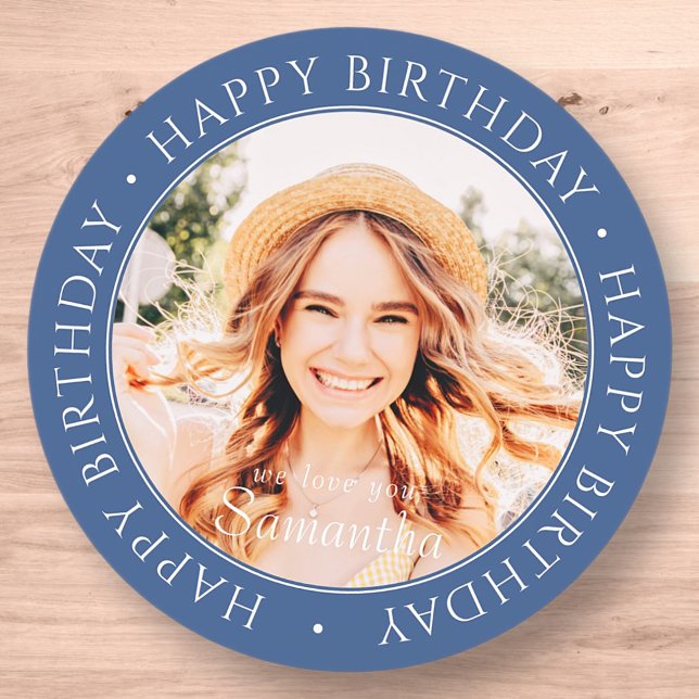 Happy Birthday Modern Simple Custom Photo Classic Round Sticker (Creator Uploaded)