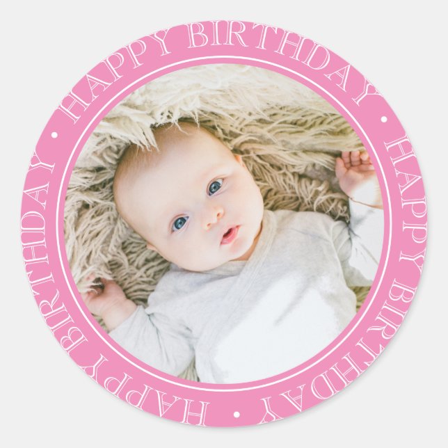 Happy Birthday Modern Simple Elegant Custom Photo  Classic Round Sticker (Front)