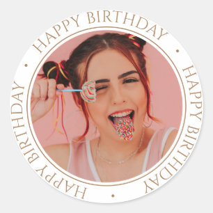 Happy Birthday Modern Simple Elegant Custom Photo Classic Round Sticker