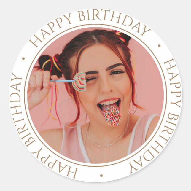 Happy Birthday Modern Simple Elegant Custom Photo  Classic Round Sticker (Front)