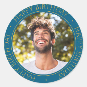 Happy Birthday Modern Simple Elegant Photo blue Classic Round Sticker