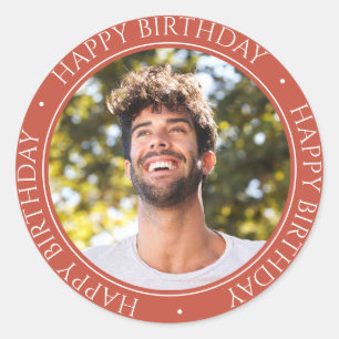 Happy Birthday Modern Simple Elegant Photo Brown Classic Round Sticker