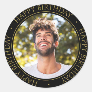 Happy Birthday Modern Simple Elegant Photo Gold Classic Round Sticker