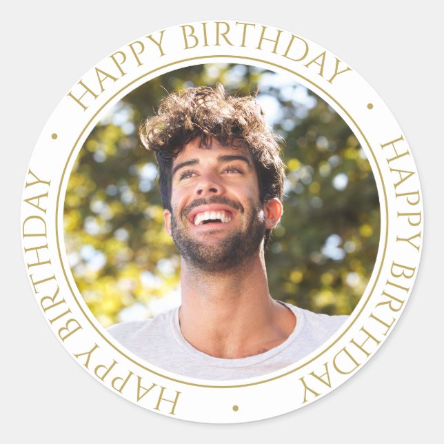 Happy Birthday Modern Simple Elegant Photo Gold Classic Round Sticker (Front)