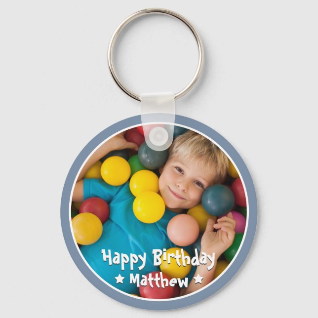 Happy Birthday Modern Simple Star Photo Key Ring (Front)