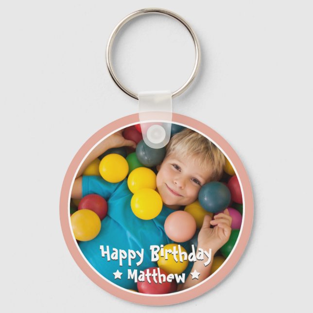 Happy Birthday Modern Simple Star Photo Key Ring (Front)