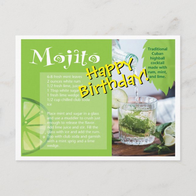 Happy Birthday Mojito Cocktail Recipe Postcard (Front)