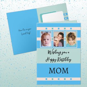 Happy Birthday Mom add 3 photos blue green Card