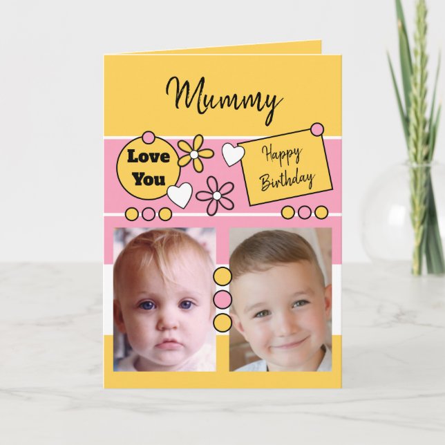 Happy Birthday Mommy pink yellow with photos Card (Front)