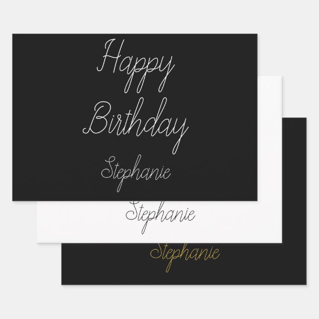 Happy Birthday Monogram Name Black White Gold  Wrapping Paper Sheet (Set)