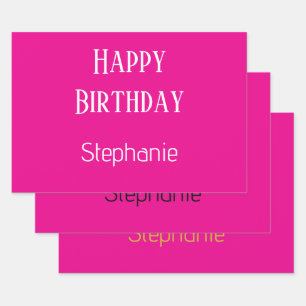 Happy Birthday Monogram Name Hot Pink Gold Cute Wrapping Paper Sheet