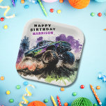 Happy Birthday Monster Truck Smash Crash Boy Paper Plate<br><div class="desc">Happy Birthday Monster Truck Smash Crash Boy Kids Paper Party Plates features a watercolor monster truck driving through the dirt with the text "Happy Birthday (Name)" in modern typography script. Perfect for children's birthday party celebrations. Send in the mail or simply download the shareable downloadable digital invitation. Designed by Evco...</div>