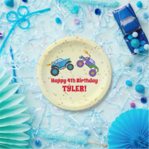 Happy Birthday, Monster Trucks, Child's Name & Age Paper Plate