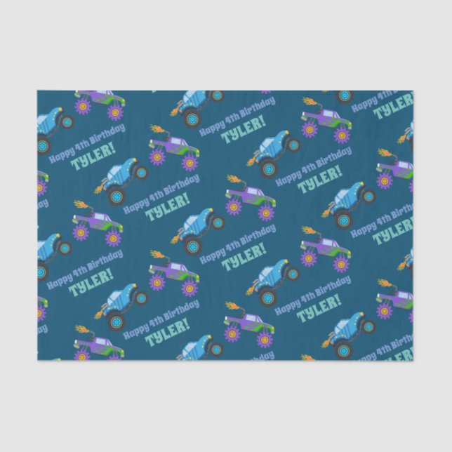 Happy Birthday Monster Trucks DIY Name/Age Dk Blue Tissue Paper (Front)