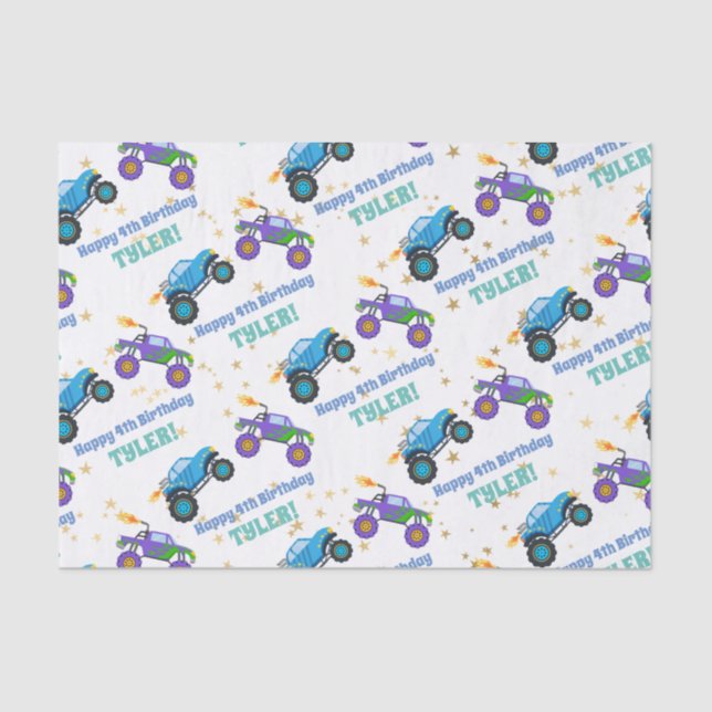 Happy Birthday, Monster Trucks Name/Age Gold Stars Tissue Paper (Front)