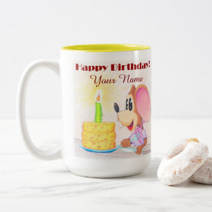 Happy Birthday Mouse with Cheesecake. Two-Tone Coffee Mug