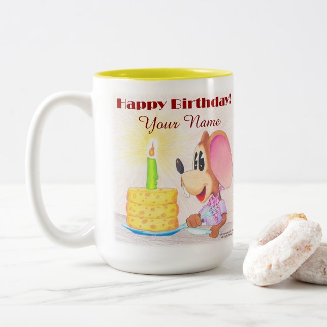 Happy Birthday Mouse with Cheesecake.  Two-Tone Coffee Mug (With Donut)