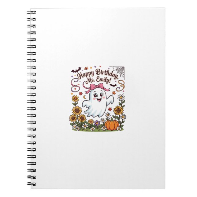Happy Birthday Ms Emily Halloween Ghost Pumpkin Su Notebook (Front)