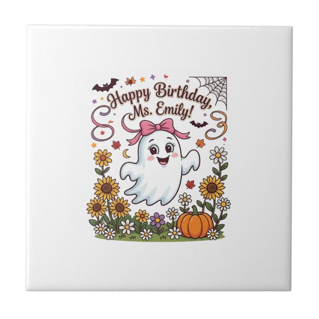 Happy Birthday Ms Emily Halloween Ghost Pumpkin Su Tile (Front)