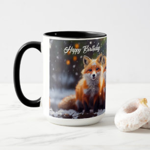 Happy Birthday Mug Foxes In Snowy Forest