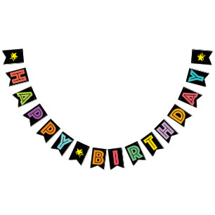 HAPPY BIRTHDAY ☆ MULTICOLORED ON BLACK BACKGROUND BUNTING