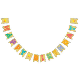 HAPPY BIRTHDAY ☆ MULTICOLORED ON OLD GOLD COLOR BUNTING