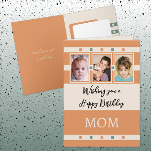 Happy Birthday Mum add 3 photos orange ivory Card