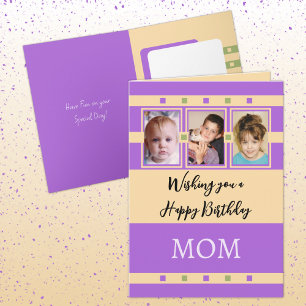 Happy Birthday Mum add 3 photos purple orange Card