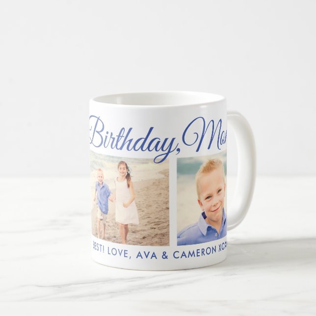 Happy Birthday Mum Blue Script Photo Keepsake Coffee Mug (Front Right)